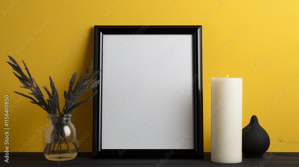 Poster elegant vertical frame with sharp black edges blank canvas against a pearl yellow background with re