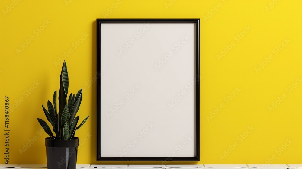 Poster minimalist vertical frame with sharp black edges and blank canvas against a pearl yellow background 