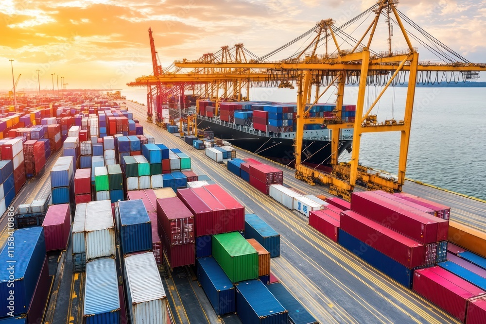 Poster Container ship at sunset in a busy port with many colorful cargo containers being loaded and unloaded by large cranes.