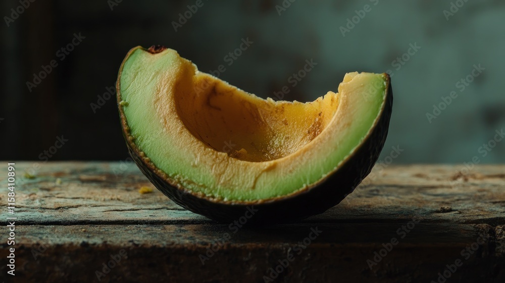 Poster close-up of a partially eaten avocado slice on a rustic wooden surface.