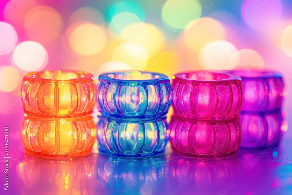 Aufkleber colorful translucent objects stacked on reflective surface with bokeh background.