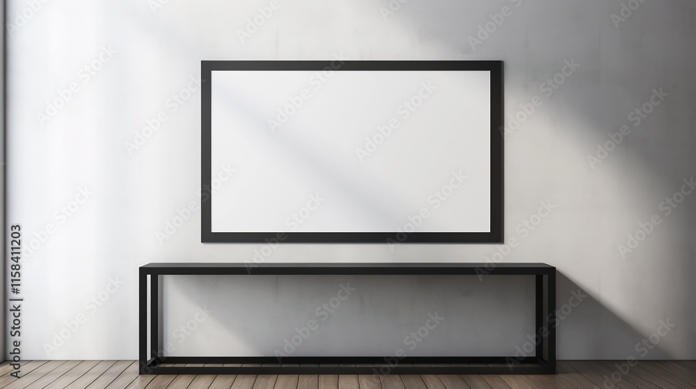 Poster elegant architectural perspective showcasing a black bordered frame surrounding a blank white interi