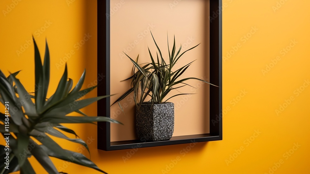 Poster close up of a modern vertical a4 frame with a black edge placed against a warm mustard colored wall 