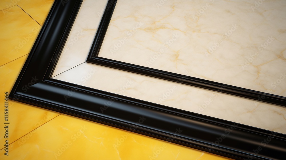 Poster ultra detailed view of a blank angular frame with sleek black borders set against a pearl yellow bac