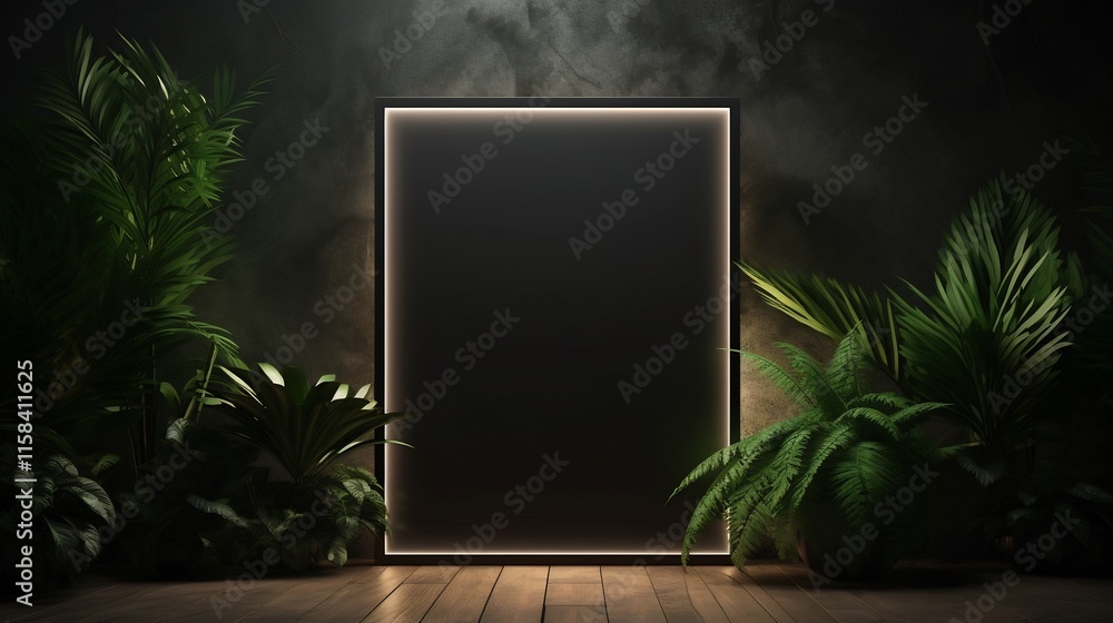 Poster minimalist black angular frame with sharp edges placed on modern metallic furniture surrounded by in