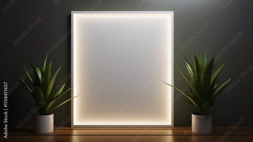 Poster minimalist black angular frame placed on metallic furniture with indirect soft glow lighting and dec
