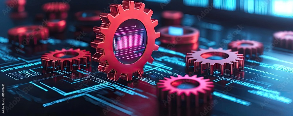 Poster gear mechanism concept. a vivid illustration of gears and data on a digital interface symbolizing in