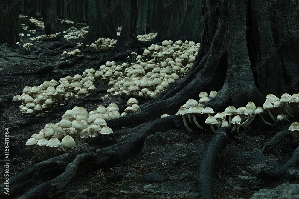 Poster numerous white mushrooms cluster at the base of large dark trees in a forest.