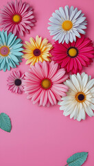 Colorful flowers on a pink background, pop art, with white tones