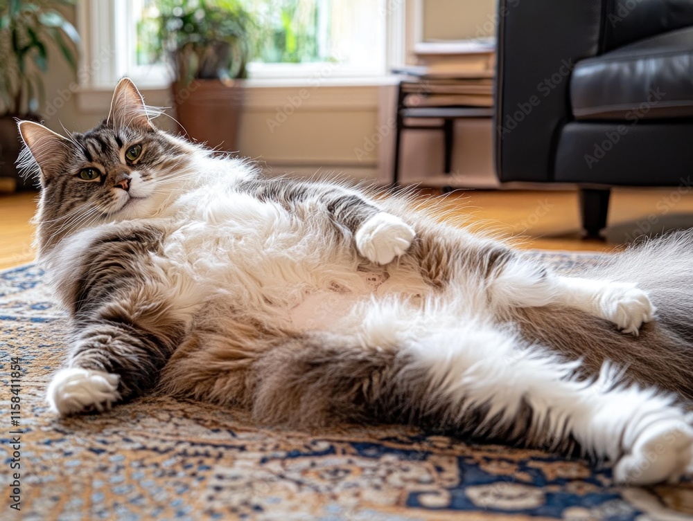 Poster a large fluffy grey and white cat relaxing on a patterned rug in a living room.