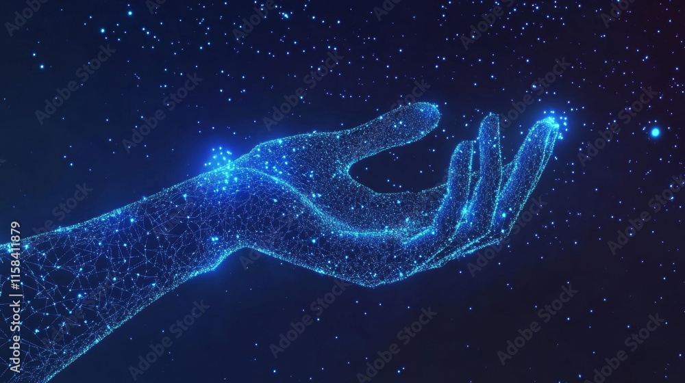 Poster 3d hand with index finger pressing or pushing button. action or gesture concept in dark blue. abstra