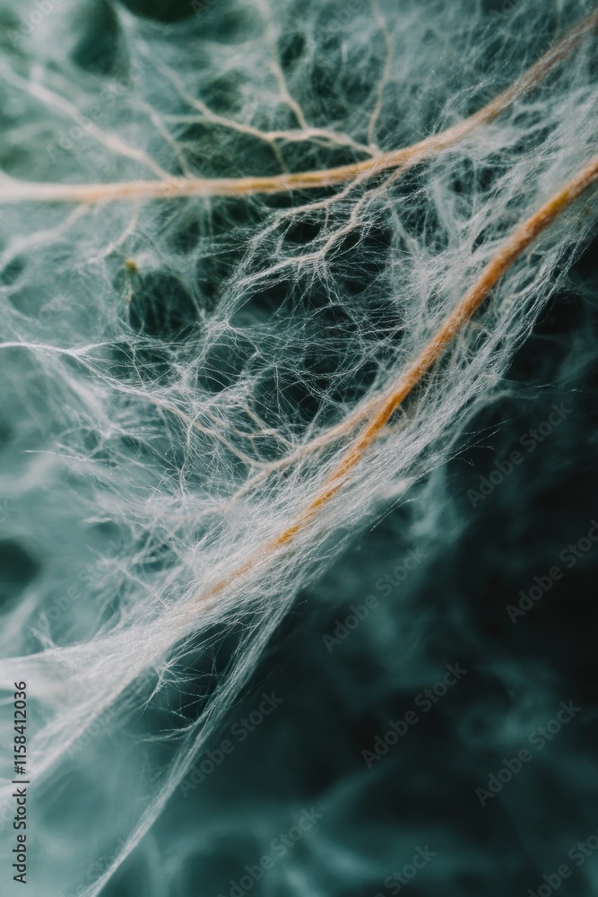 Poster close-up of a delicate spiderweb with intricate details against a dark background.