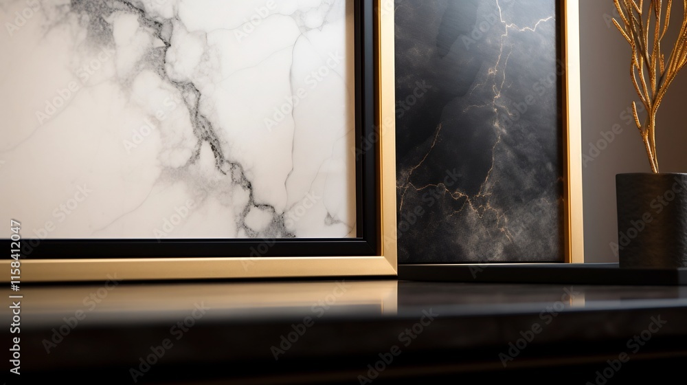 Poster exquisite ultra detailed close up image of an empty black frame resting on a metallic gold console w