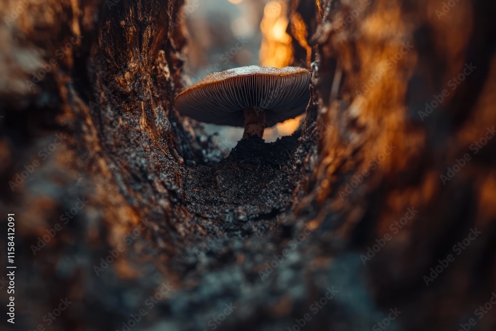 Aufkleber close-up view of a single mushroom growing inside a decaying tree trunk, showcasing its gills and te