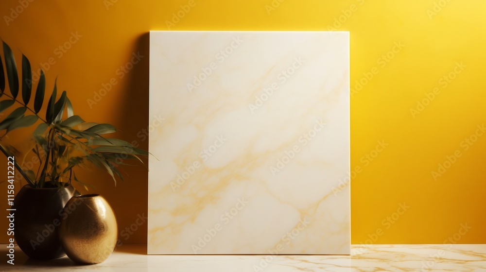 Poster sleek and elegant minimalist frame casting soft reflection on polished marble surface against a warm