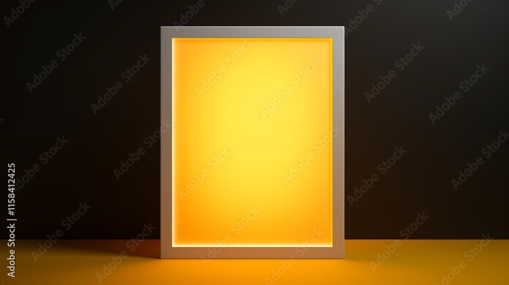 Poster elegant a4 portrait frame with a white canvas backdrop and a glowing light reflection on sleek porce