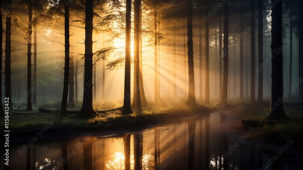 Poster stunning and serene landscape of a misty forest during the golden hour of sunrise with warm light fi