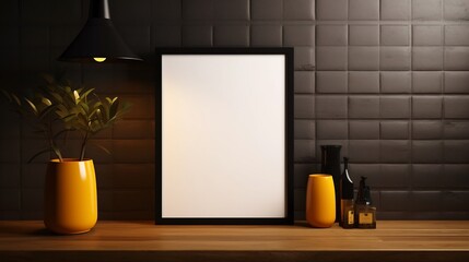 Elegant minimalist interior design scene featuring a black edged A4 portrait frame with a white canvas and a glowing light reflection on sleek porcelain tiles set against a mustard colored background