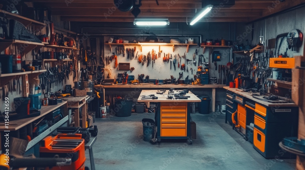 Poster well-organized workshop with various tools and equipment on shelves and workbench.