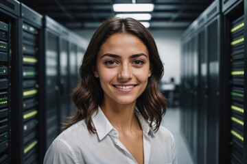 Fototapeta premium Close portrait of a smiling young Cypriot female IT worker looking at the camera, against dark server room blurred background.