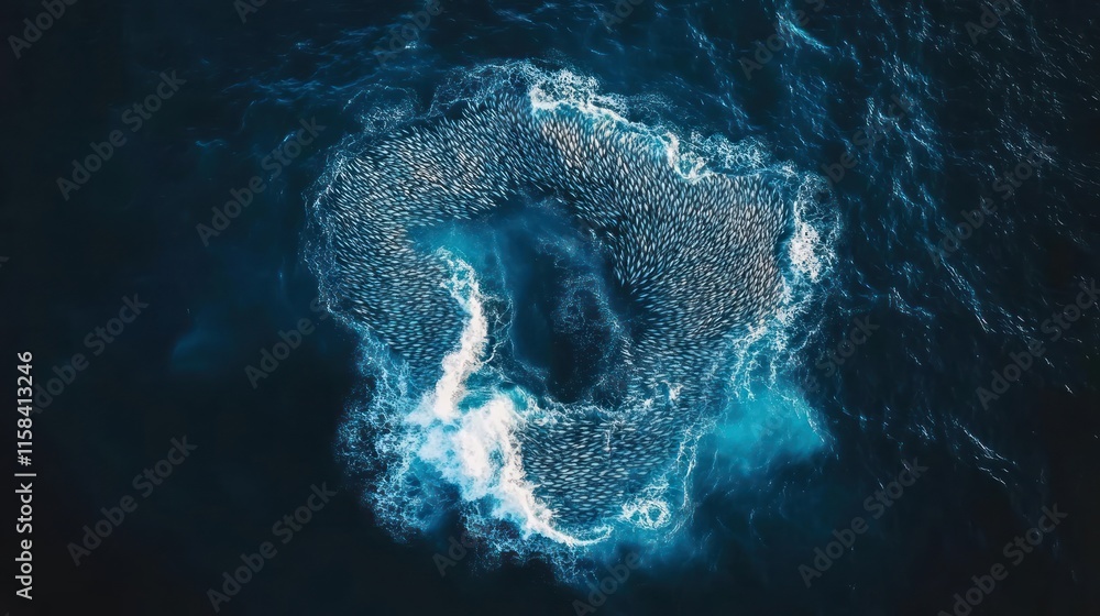 Poster Aerial view of a large school of fish creating a swirling pattern in the deep blue ocean.