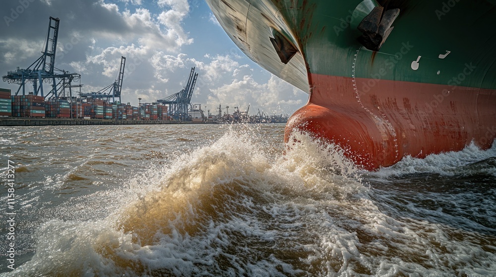 Poster Cargo ship's stern creating waves, passing a busy port with container cranes under a partly cloudy sky.