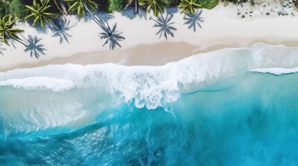 Breathtaking aerial perspective of a pristine tropical beach paradise with crystal clear turquoise waters white sandy shores and lush swaying palm trees under a bright blue sky
