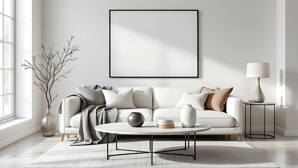 Frame mockup, paper size. Living room wall poster mockup. Interior mockup with house background. Modern interior design.