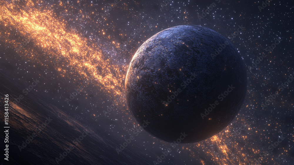 Poster abstract image of a planet in space in the form of a starry sky or space, consisting of points, line