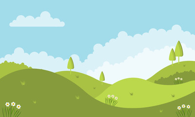 Green meadow with trees and flowers. Vector illustration in flat style