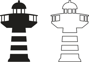 Lighthouse flat and outline icons set. Light house logos designs featuring tower vectors, representing maritime symbolism. Searchlight concept. Shore light beacon isolated on transparent background.