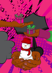 Cartoon, comic book human hands holding Gift Box and Snowman. Retro vector comics pop art design.