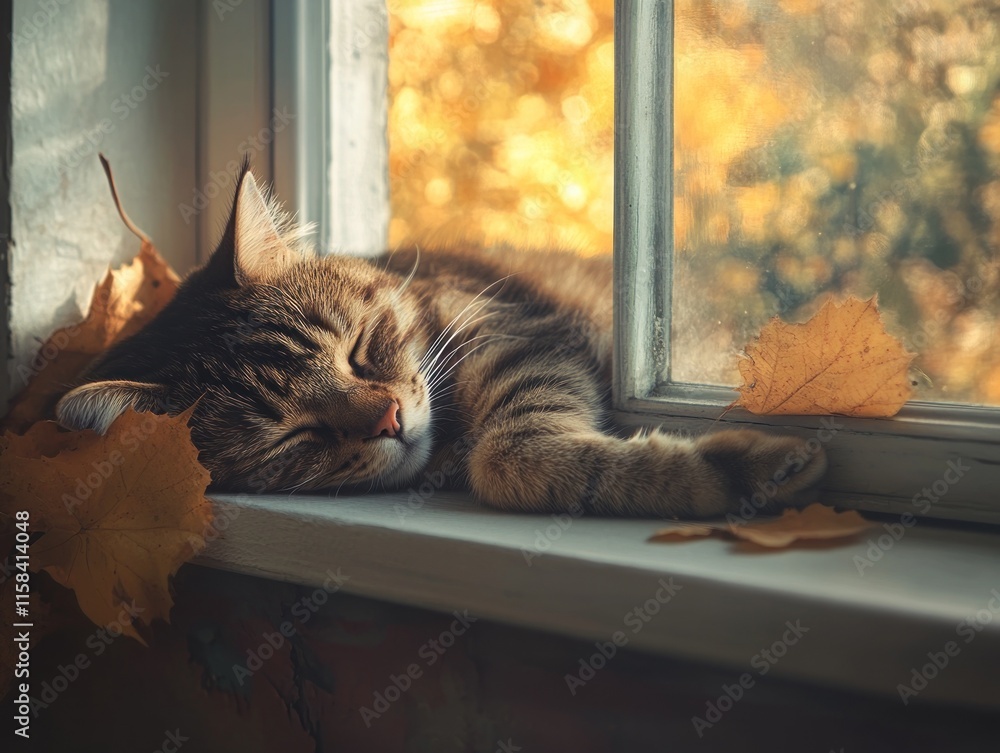 Poster tabby cat napping on a windowsill surrounded by autumn leaves.