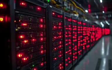 Server room with rows of illuminated racks.