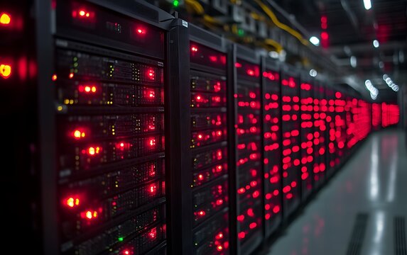Server room with rows of illuminated racks.