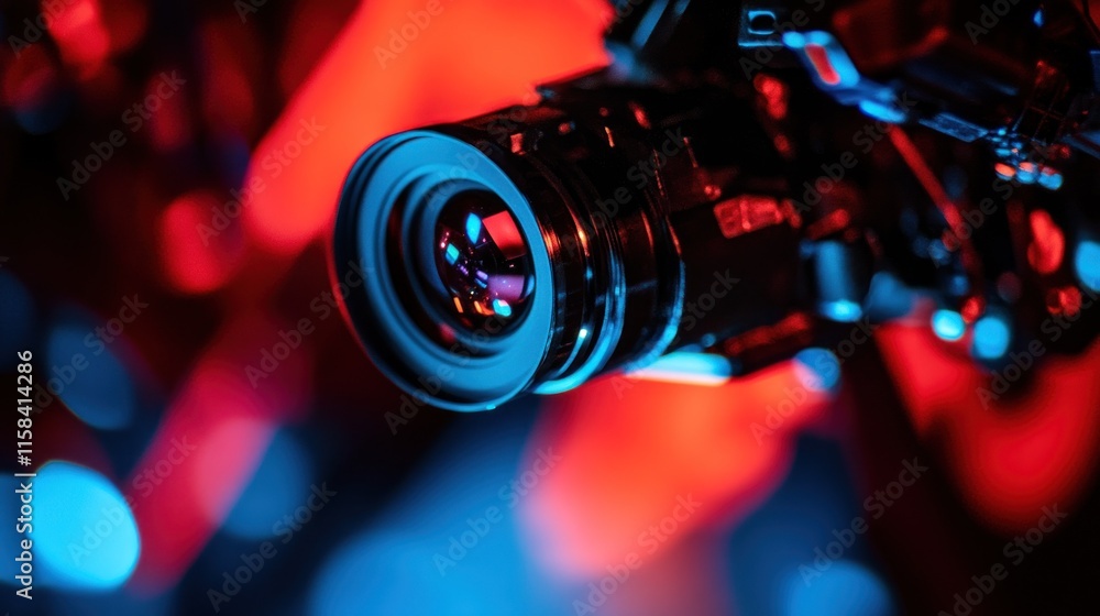 Poster close-up of a professional camera lens with red and blue bokeh background.