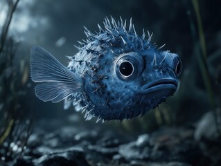 A close-up of a blue pufferfish swimming underwater amongst aquatic plants.