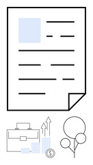 Document with text blocks, briefcase, graphs showing growth, coin, and tree symbolizing business success. Ideal for finance, business strategy, growth investment economics corporate planning. Line