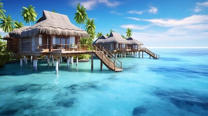 Luxurious overwater bungalows nestled in a tropical island paradise surrounded by crystal blue waters and offering a serene and tranquil escape from the world
