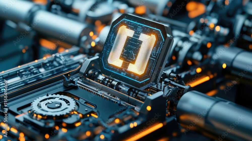 Aufkleber gear mechanism concept. close-up of a futuristic circuit board highlighting a glowing processor.