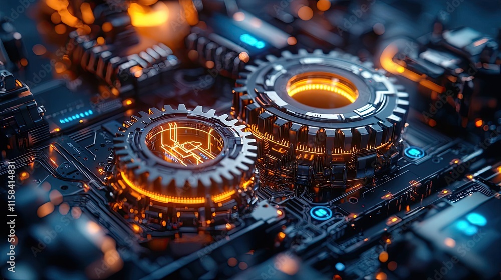 Poster gear mechanism concept. close-up of illuminated gears in a futuristic robotic machinery setting.