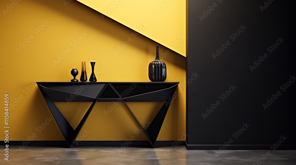 Poster striking black angular frame with white canvas displayed on a sleek modern gold console against a mu