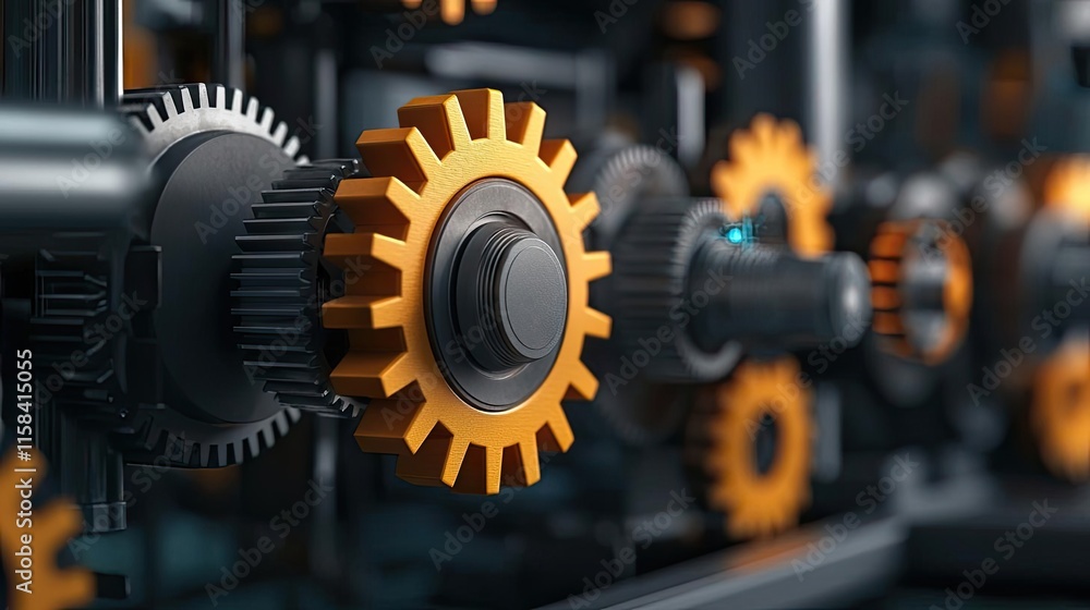 Poster gear mechanism concept. close-up view of interlocking gears in a mechanical system, showcasing preci