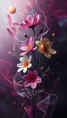 Abstract design of meaningful flowers, set against a dynamic futuristic background, representing the essence and beauty of life, studio photography, with white tones