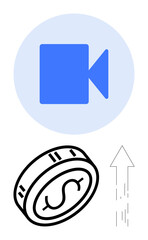 Blue video camera icon, black outlined dollar coin, and upward arrow representing financial success and growth. Ideal for business, finance, digital marketing, investment, economic growth