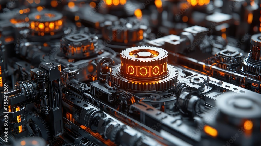 Poster gear mechanism concept. close-up of intricate mechanical components with glowing details and metalli