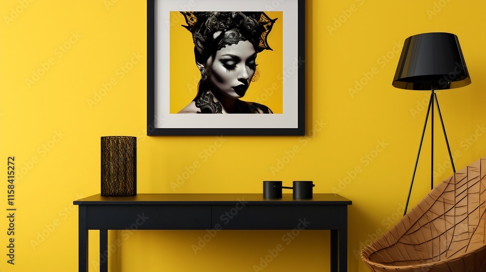 Poster perfectly centered black bordered a4 frame placed against a soft matte yellow wall with reflections 
