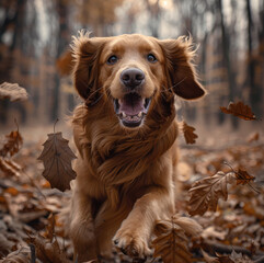 Obraz premium Reddish golden retriever jumping through a pile of leaves in the forest, smiling, very happy, peaceful.