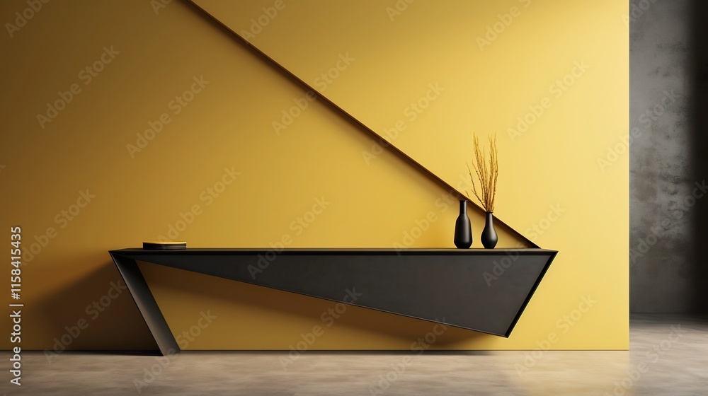Poster angular black bordered frame positioned on a pearl yellow architectural wall with a modern marble ef