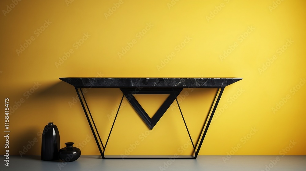 Poster stylish angular black bordered frame positioned on a pearl yellow architectural wall complemented by